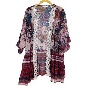 True Self Cardigan 3X Pink Floral Tiered Boho Concert Crochet Striped Western